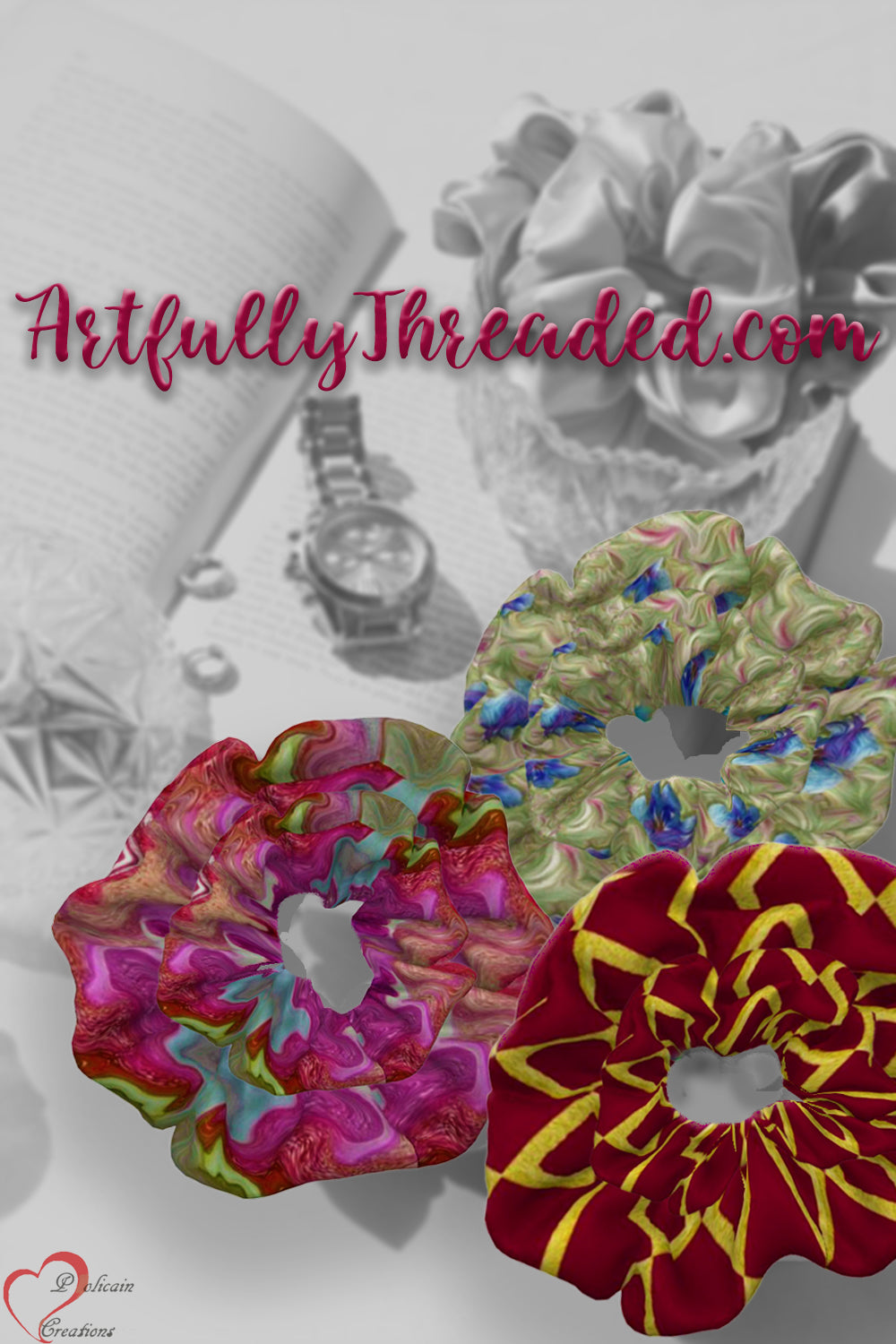 3 Pack of Hair Scrunchies - Floral, Fluid and Gold on Red