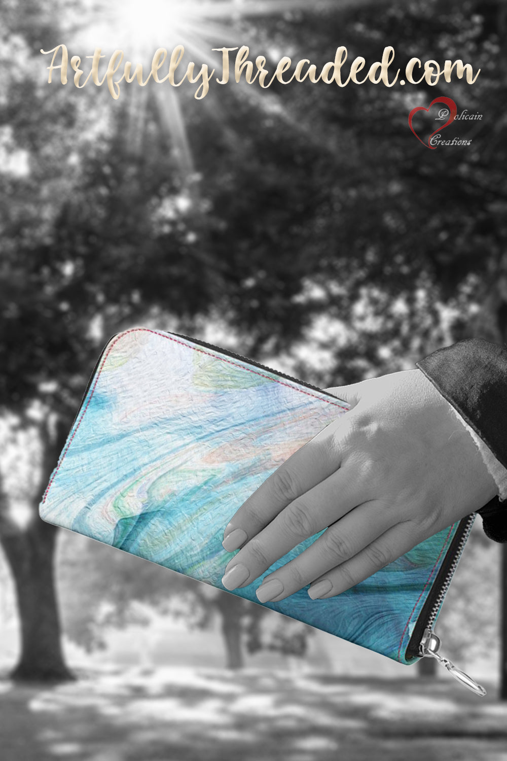 Peaceful Teals Leather Zip Wallet / Purse